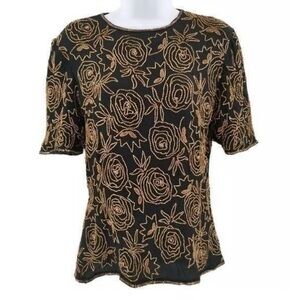 Vintage Stenay Sequin Beaded Blouse Top 90’s Cocktail Party Blk/Gold Size L